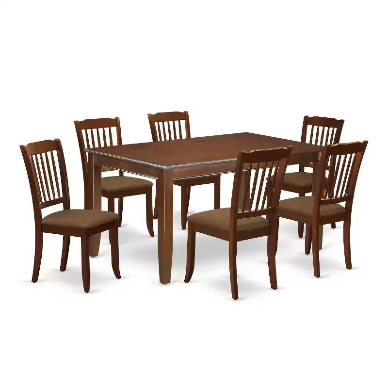 Table de salle à manger HomeStock 7 pièces rectangulaire en bois massif finition acajou avec 6 chaises à dossier à lattes