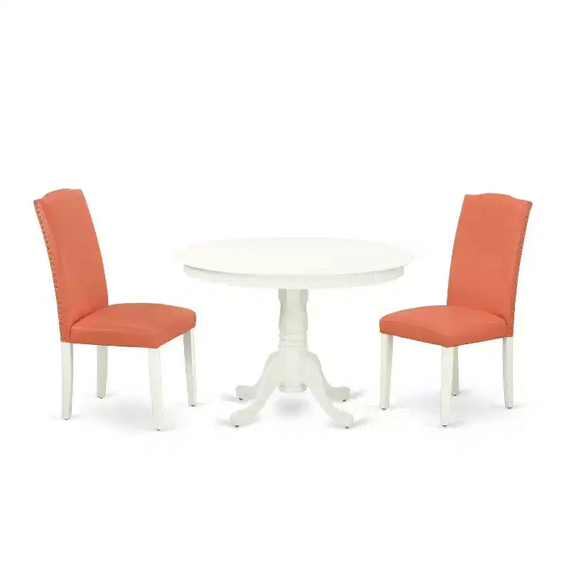 Ensemble de table à manger Flamant rose Table de 42 pouces avec 2 chaises Parsons Pieds blancs en lin Cuir PU
