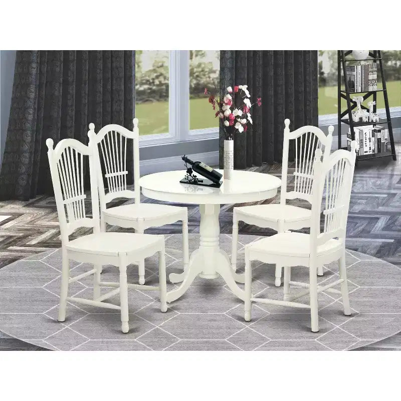 Ensemble table à manger ronde – Table de cuisine 5 pièces avec chaises, finition lin blanc antique, table de 36 pouces