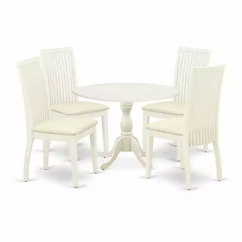 Table de salle à manger HomeStock 5 pièces, finition blanc lin, dessus en bois massif, avec 4 chaises à abattant et dossier à lattes