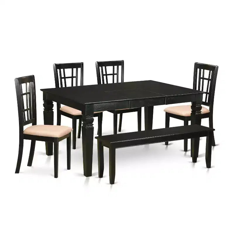 HomeStock Table à manger 6 pièces rectangulaire à plateau en bois massif finition noire avec 1 banc et 4 chaises
