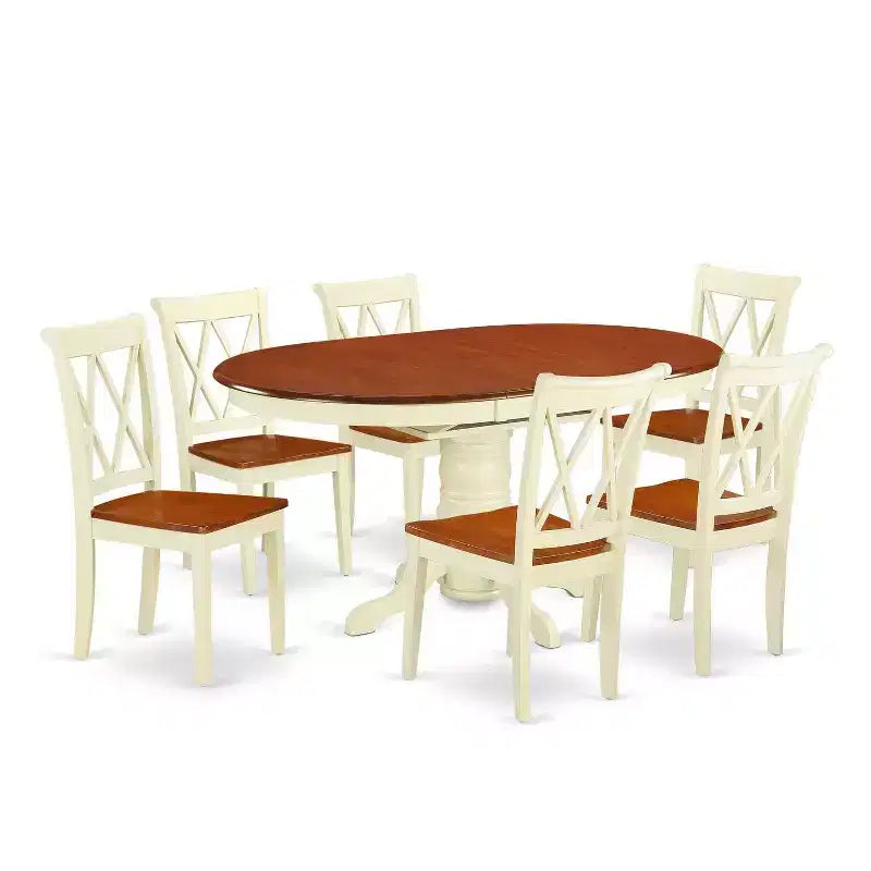 Ensemble de salle à manger 7 pièces, table ovale en bois et 6 chaises – Finition Blanc cassé et Merisier