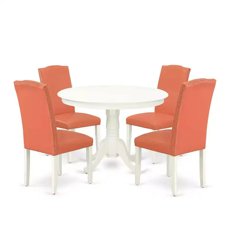 Ensemble Table de Salle à Manger Ronde 5 Pièces - Table de 42 Pouces et 4 Chaises - Cuir PU Rose Flamant - Meubles de Cuisine
