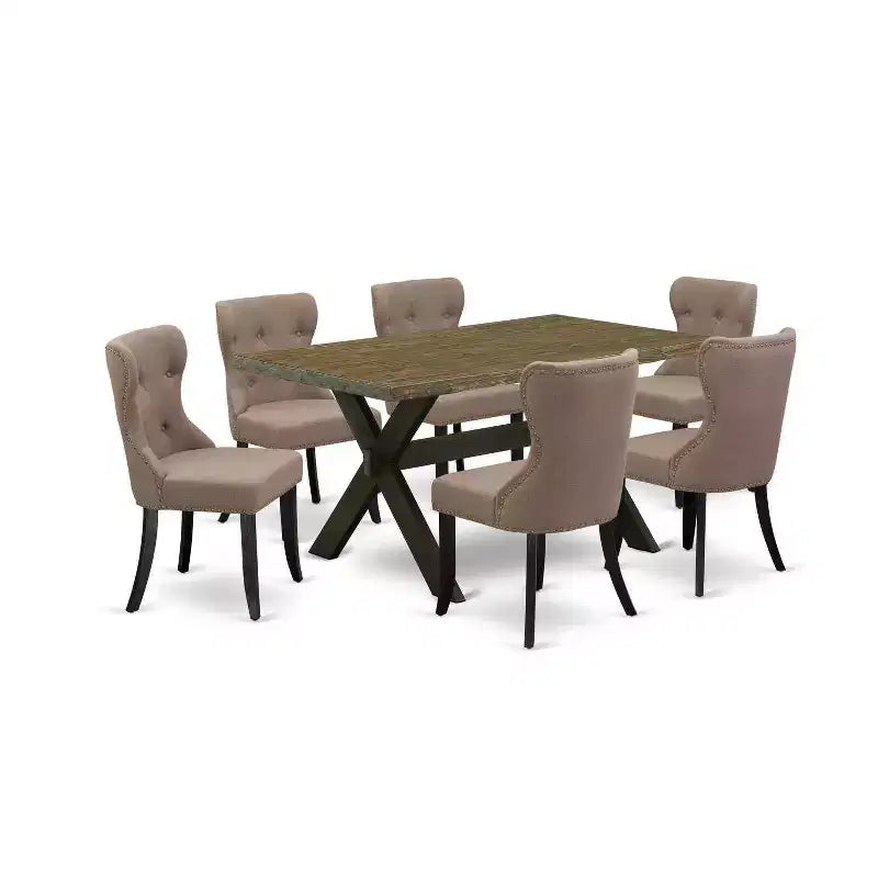 Table à manger HomeStock 7 pièces rectangulaire en bois massif, finition jacobine patinée, avec 6 chaises