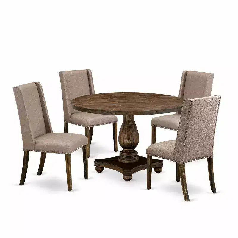 Table à manger 5 pièces en bois massif HomeStock avec plateau finition jacobine vieillie et 4 chaises
