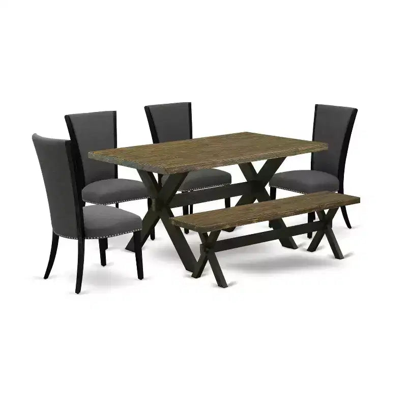 HomeStock Table de salle à manger rectangulaire 6 pièces en bois massif finition jacobéen vieilli avec 1 banc et 4 chaises