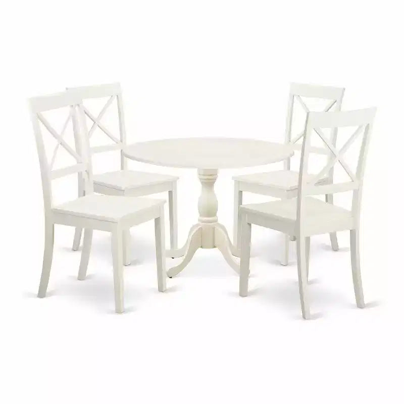HomeStock Ensemble de salle à manger 5 pièces en lin blanc avec plateau en bois massif et 4 chaises à abattant à dossier croisillons