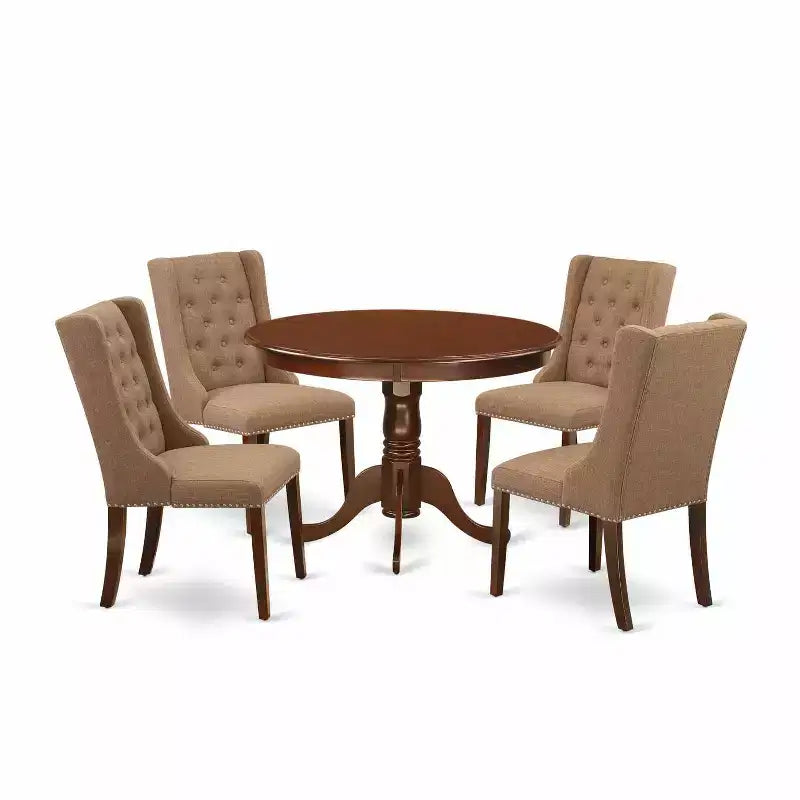 Table à manger 5 pièces HomeStock avec plateau en bois massif finition acajou et 4 chaises Parson