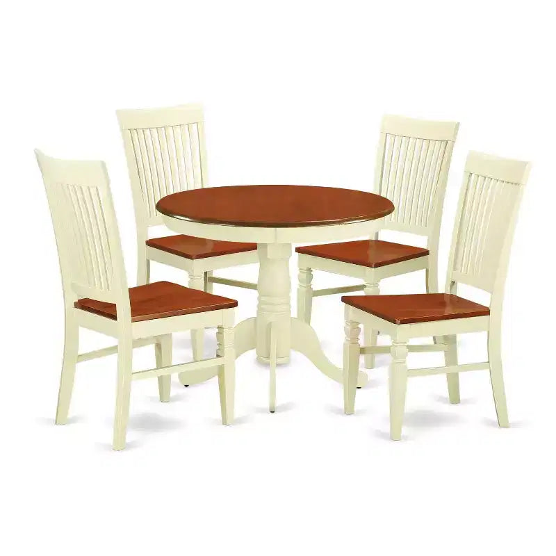 Salle à manger rustique 5 pièces - Table de cuisine et 4 chaises - Table ronde avec sièges en bois - Style ferme