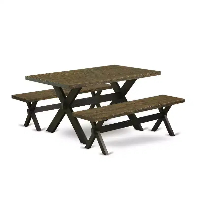 Table à manger 3 pièces HomeStock avec plateau en bois massif finition jacobéenne vieillie et 2 bancs