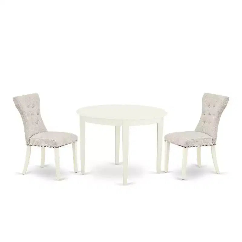 Ensemble de salle à manger rond - Table et chaises de cuisine 3 pièces - Fini blanc lin - Design Parson moderne