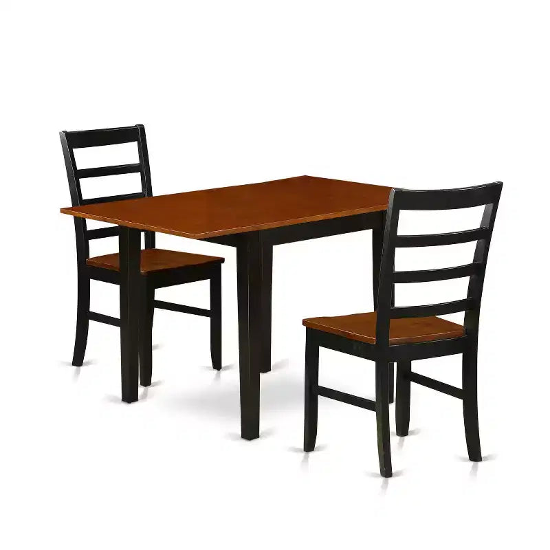 Ensemble de salle à manger 3 pièces en bois massif noir et cerisier avec table carrée et chaises à dossier ajouré
