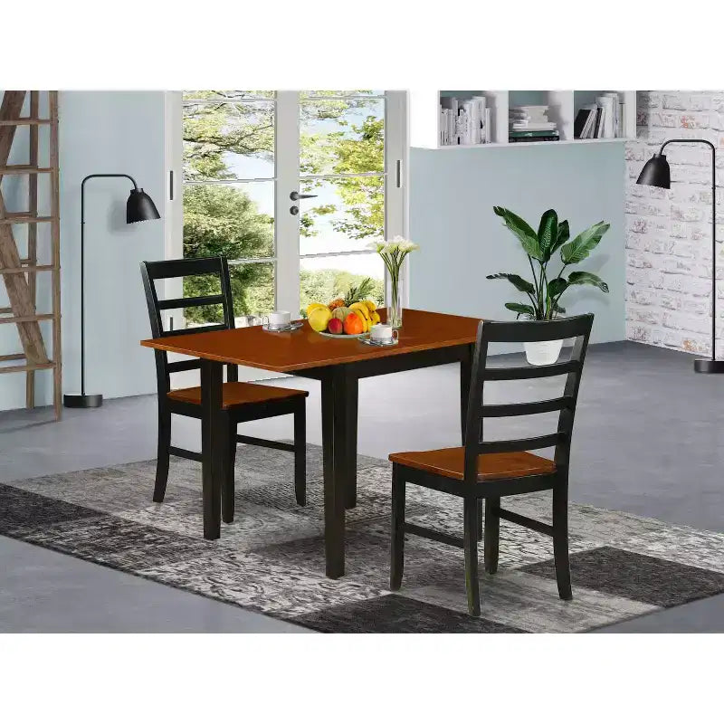 Ensemble de salle à manger 3 pièces en bois massif noir et cerisier avec table carrée et chaises à dossier ajouré