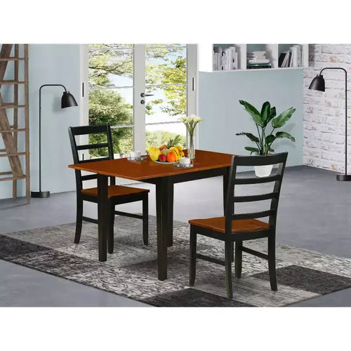 Ensemble de salle à manger 3 pièces en bois massif noir et cerisier avec table carrée et chaises à dossier ajouré