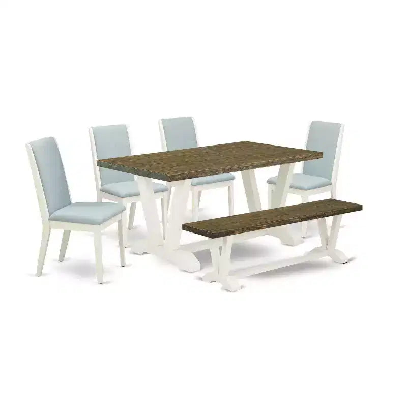 Table à manger HomeStock 6 pièces en bois massif finition jacobéenne vieillie avec 1 banc et 4 chaises