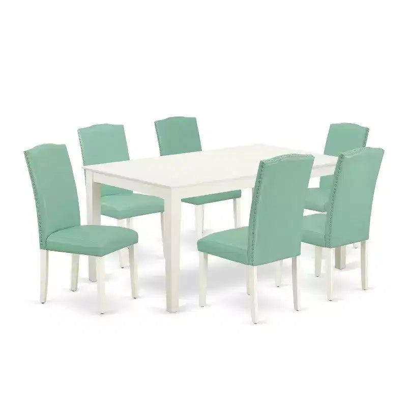 HomeStock – Table de salle à manger rectangulaire 7 pièces en lin blanc avec plateau en bois massif et 6 chaises Parson