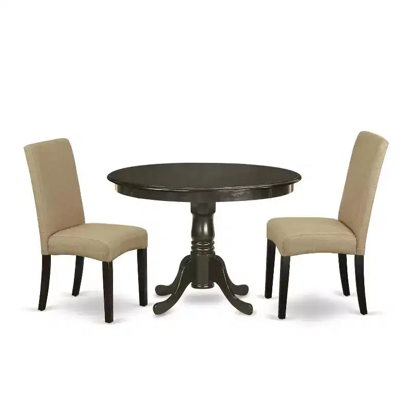 Ensemble table à manger ronde 3 pièces - Table de 42 po et 2 chaises Parsons - Fini cappuccino - Tissu lin - Salle à manger