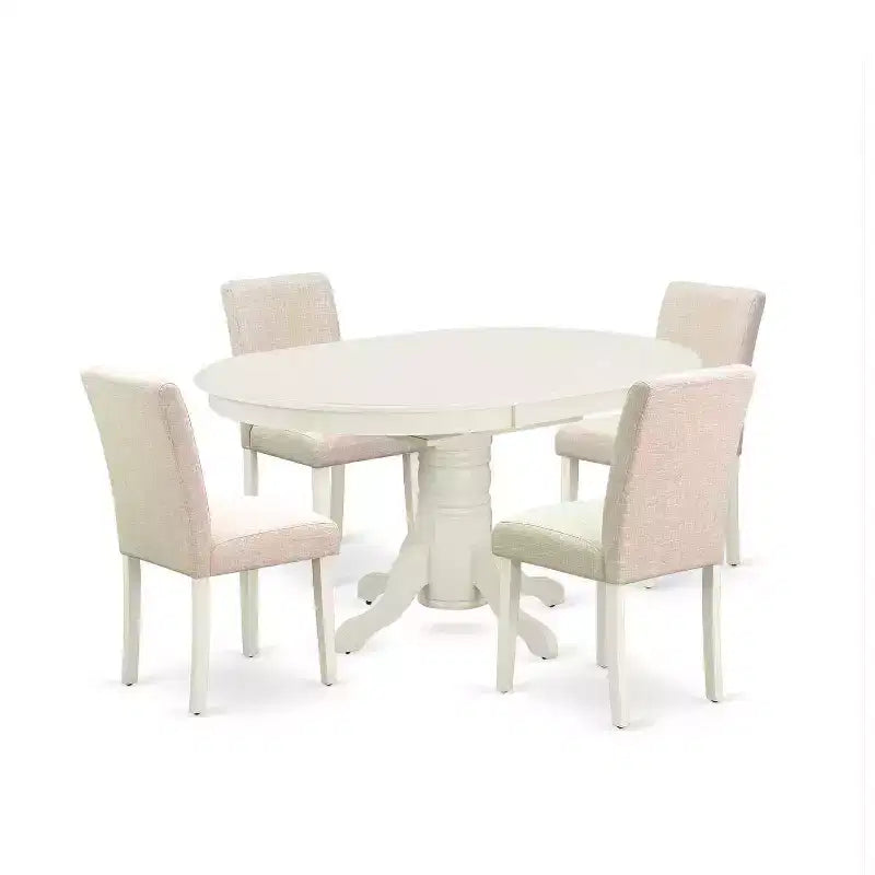 Ensemble table à manger ovale vintage - 5 pièces, 1 table et 4 chaises - Pieds blancs lin - Tissu beige clair