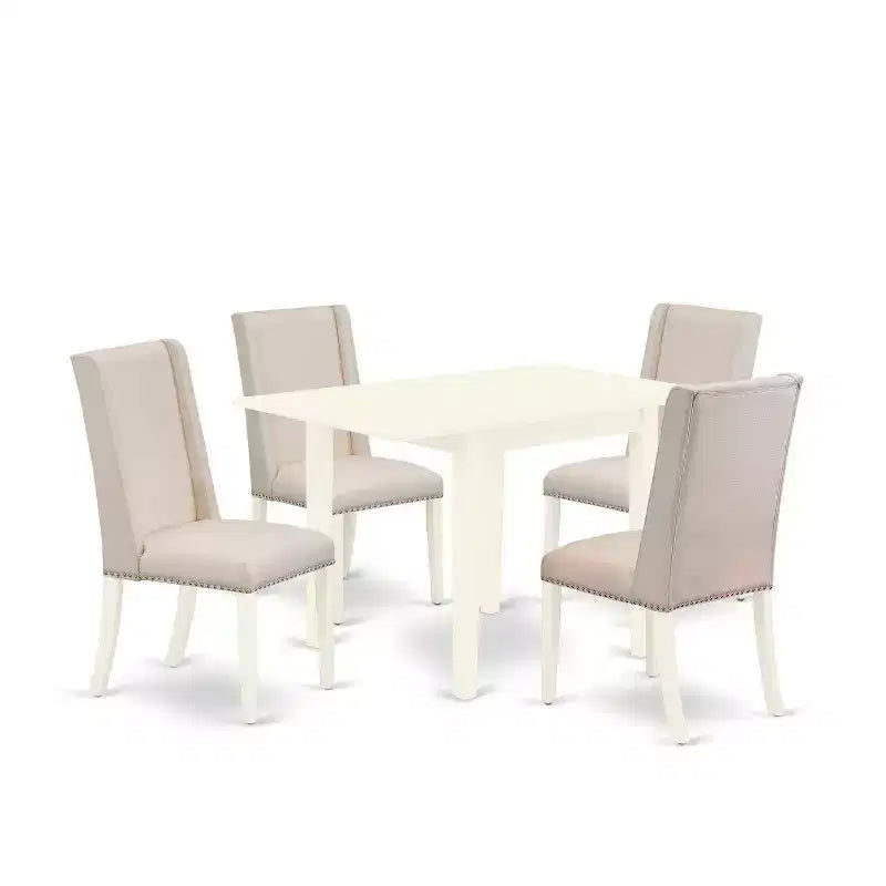 Table à manger 5 pièces HomeStock avec plateau en bois massif finition blanc lin et 4 chaises Parson avec rallonge à rabat