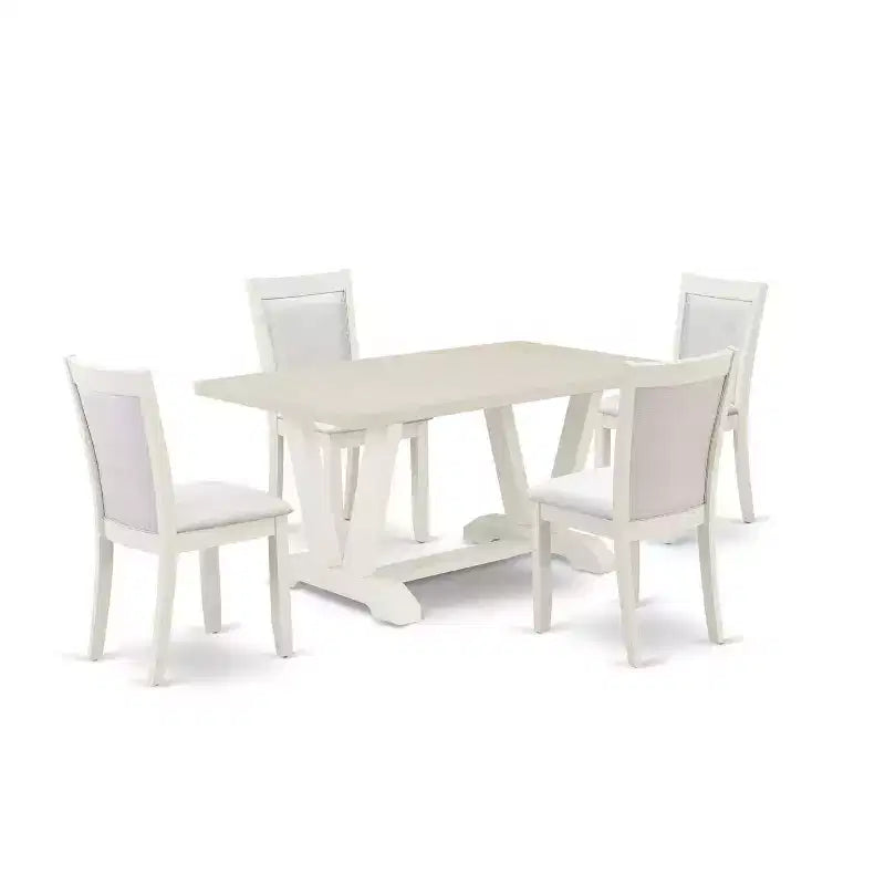 HomeStock Table de salle à manger rectangulaire 5 pièces, plateau en bois massif finition lin brossé blanc avec 4 chaises Parson