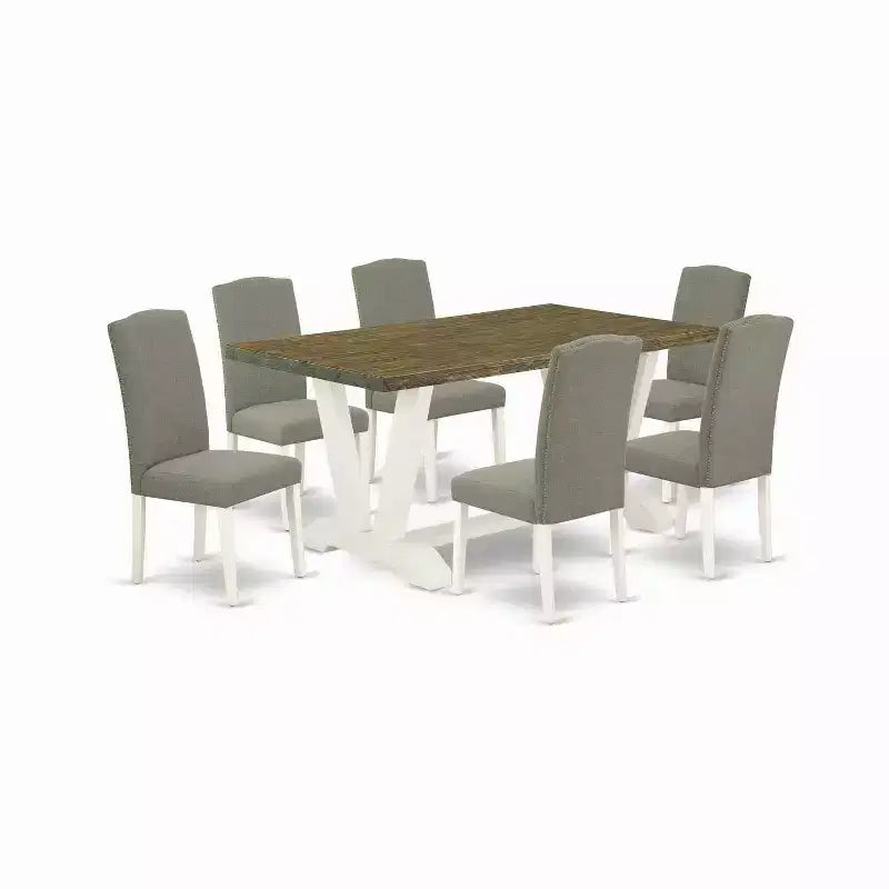 Table à manger 7 pièces en bois massif finition jacobéenne vieillie avec 6 chaises avec