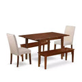 Ensemble salle à manger rectangulaire 7 pièces table et chaises - Tissu lin crème, pieds acajou - Meubles de salle à manger