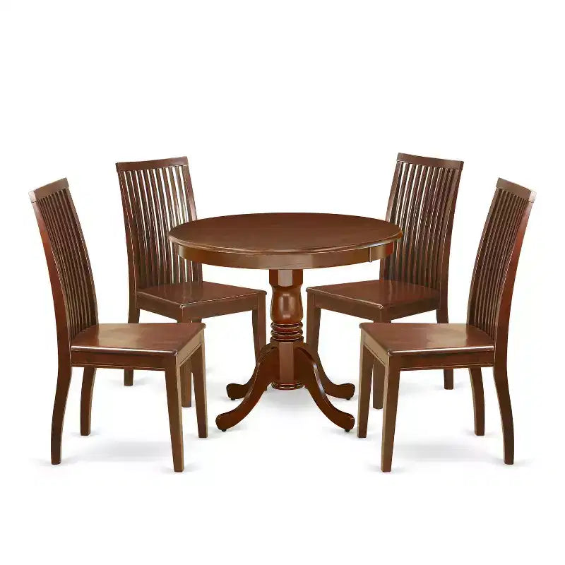 Table à manger HomeStock ronde 5 pièces en bois massif finition acajou avec 4 chaises