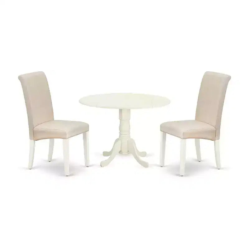 HomeStock Table à manger 3 pièces ronde en bois massif avec plateau fini couleur babeurre et cerise, et 2 chaises Parson à abattants