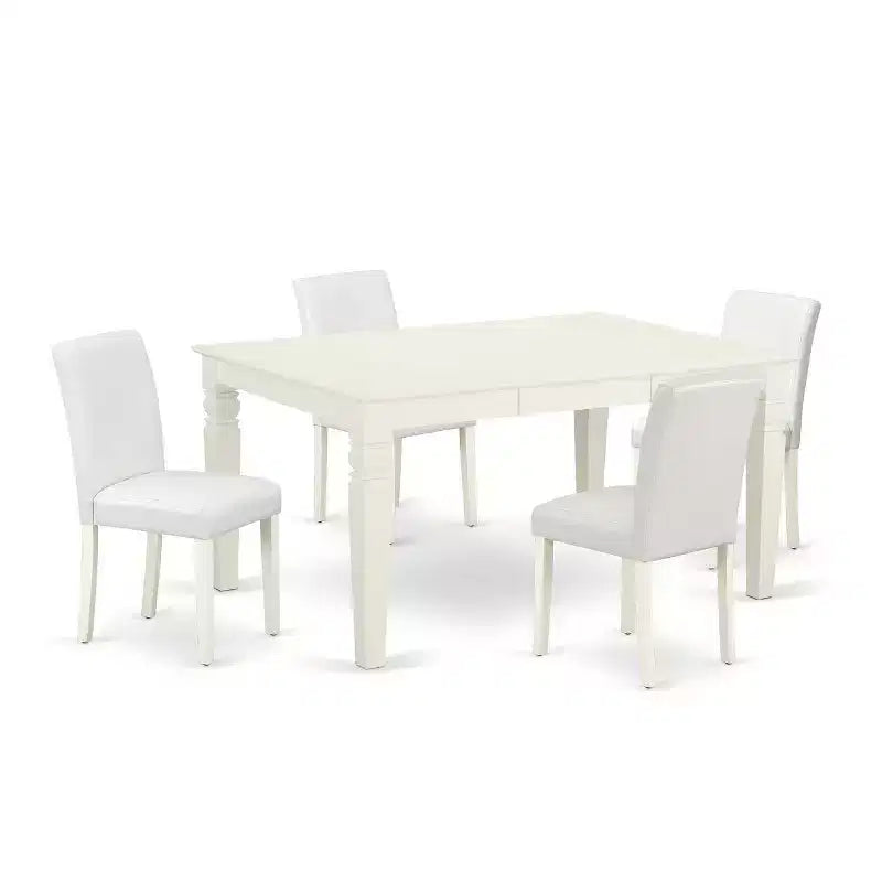Ensemble de salle à manger 5 pièces rectangulaire 107x152 cm avec table et chaises pieds blancs lin