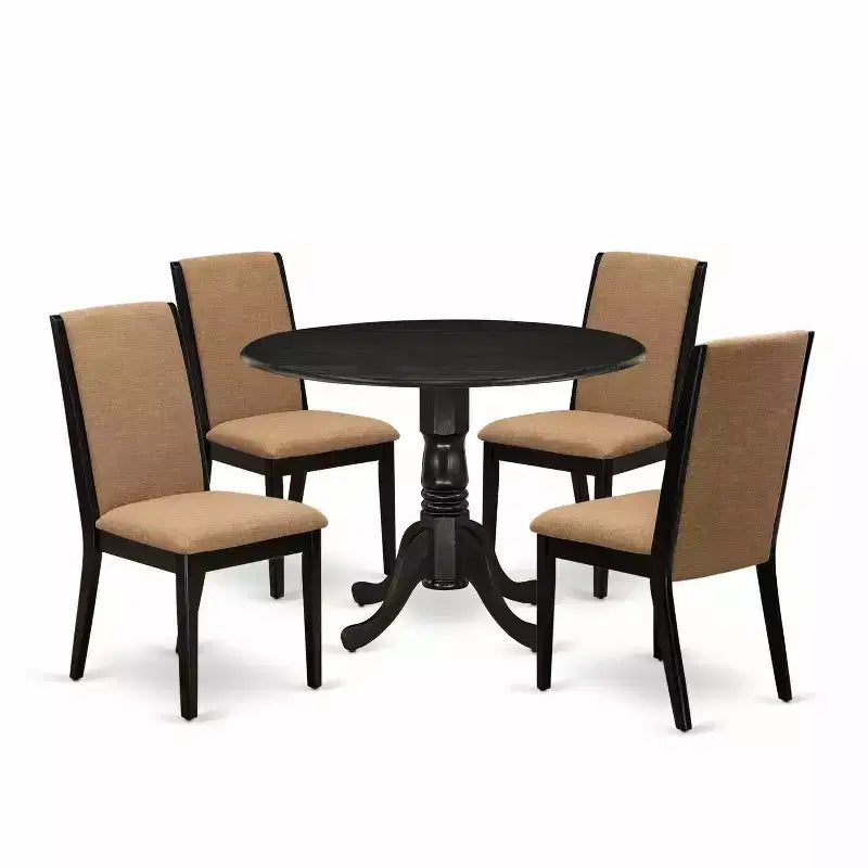 Ensemble de salle à manger HomeStock 5 pièces, table ronde en bois massif avec plateau brossé au fini noir et 4 chaises