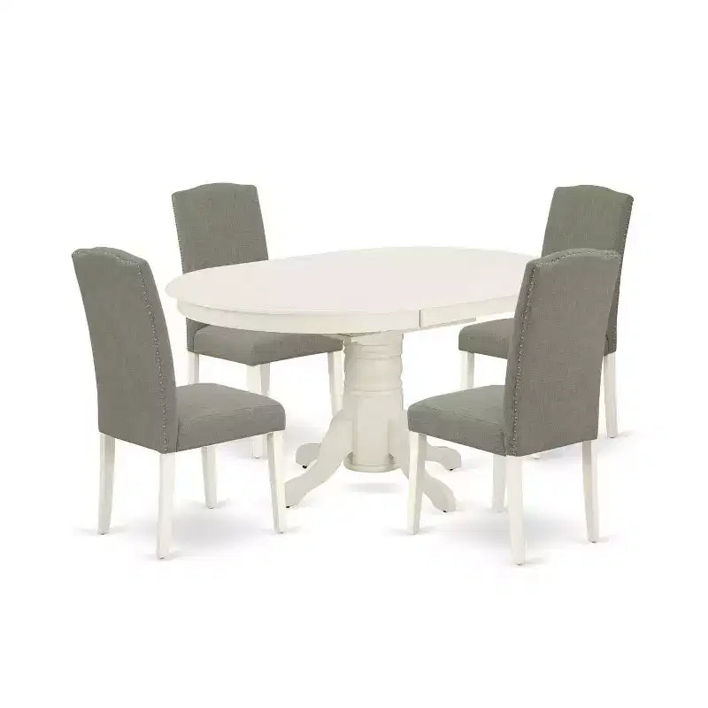 HomeStock Ensemble de salle à manger 5 pièces en lin blanc avec plateau en bois massif et 4 chaises Parsons avec rallonge papillon