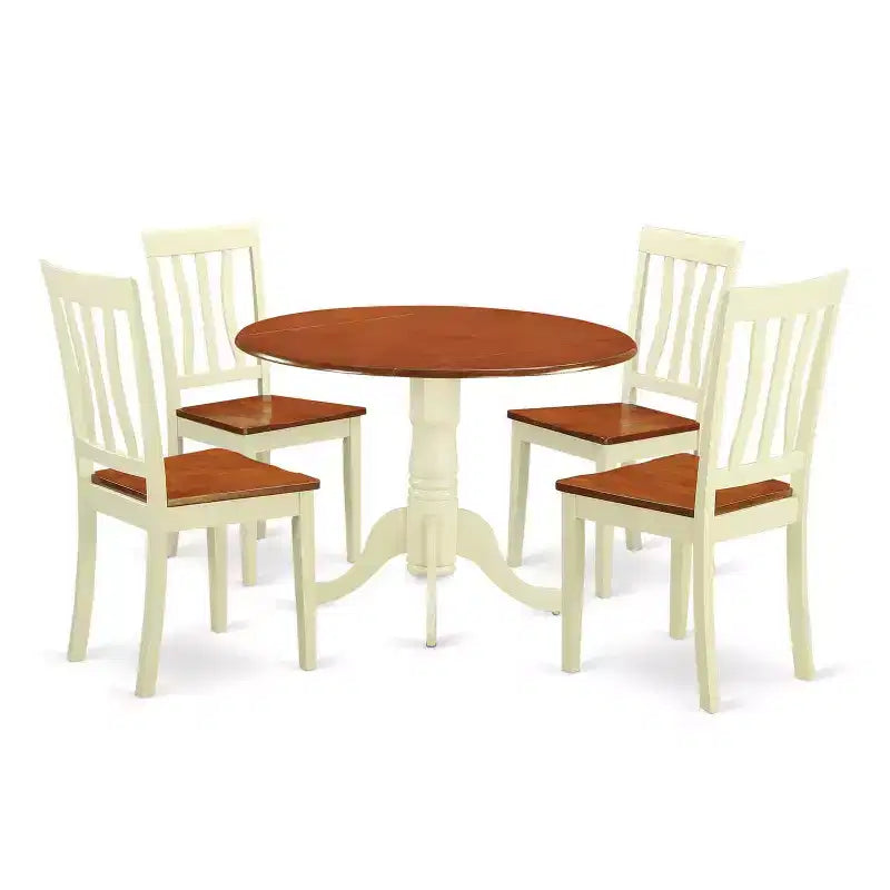HomeStock Ensemble de salle à manger 5 pièces en bois massif, table ronde à plateau laiteux et cerisier avec 4 chaises