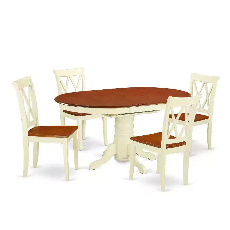 HomeStock Ensemble de salle à manger 5 pièces en bois massif finition cerisier et crème, table ovale et 4 chaises à dossier croisé
