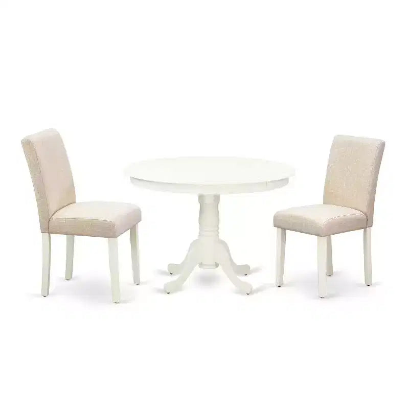 Ensemble Table Ronde de Cuisine Vintage - 3 pièces Table & 2 Chaises - Pieds Blanc Lin - Tissu Beige Clair