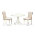 Ensemble Table Ronde de Cuisine Vintage - 3 pièces Table & 2 Chaises - Pieds Blanc Lin - Tissu Beige Clair