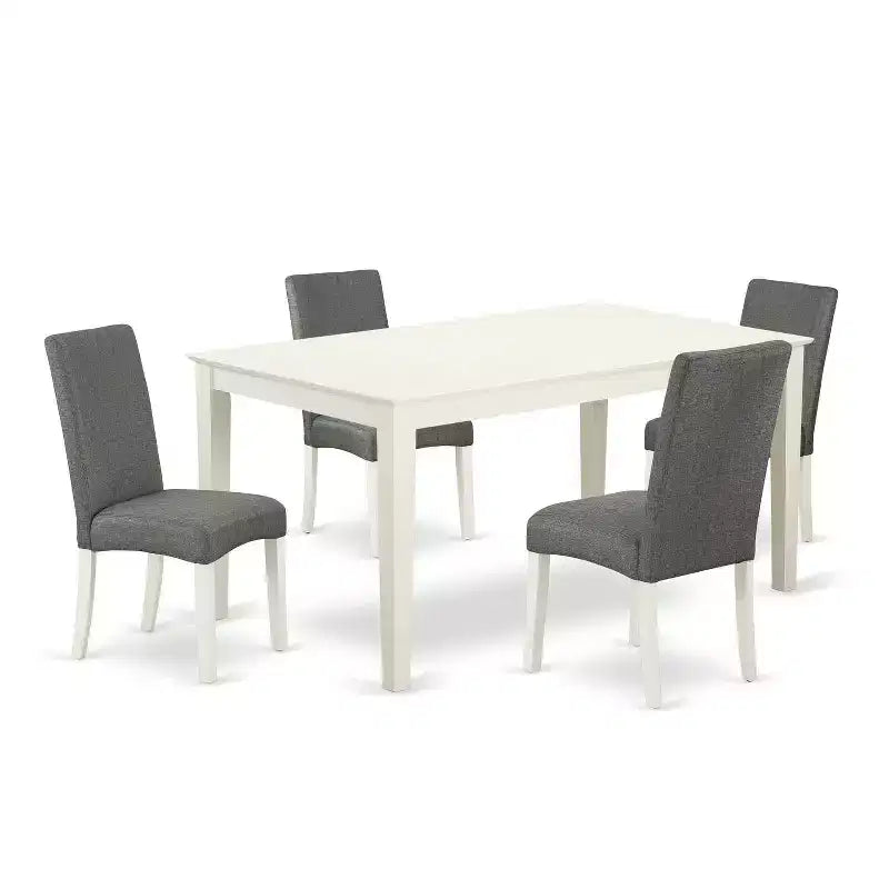 Ensemble de salle à manger HomeStock 5 pièces, table rectangulaire avec plateau en bois massif au fini blanc lin et 4 chaises style Parson