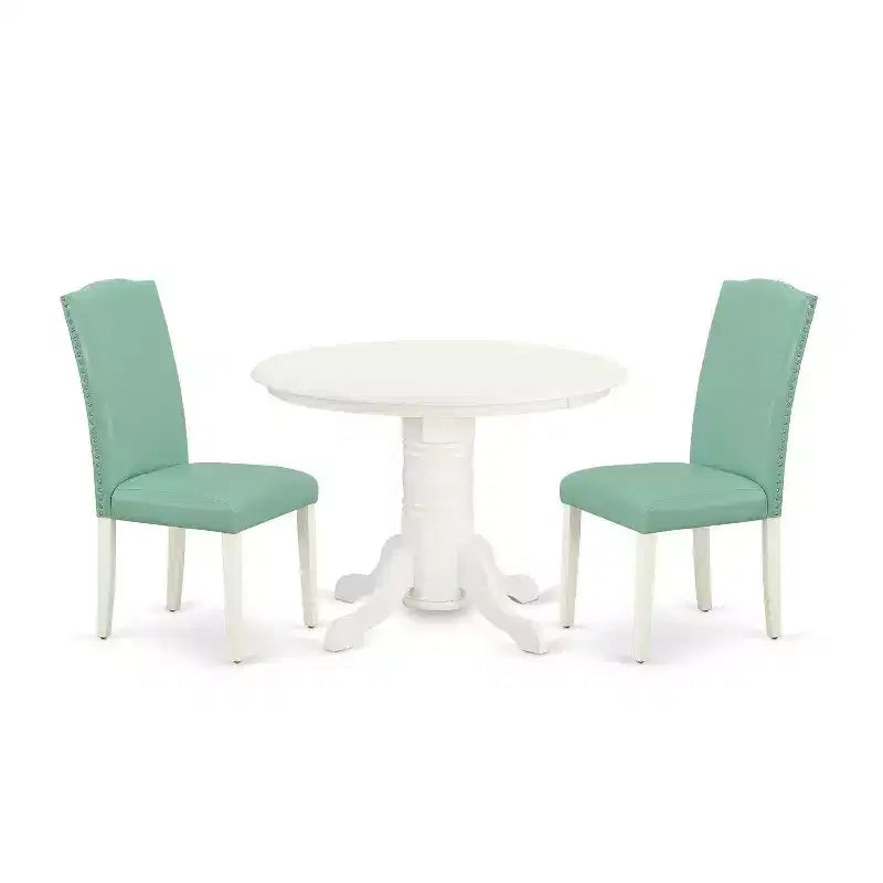 Ensemble de salle à manger 3 pièces Table ronde et 2 chaises Parsons - Ensemble table de cuisine 42 po - Pieds blancs lin, cuir PU Pond