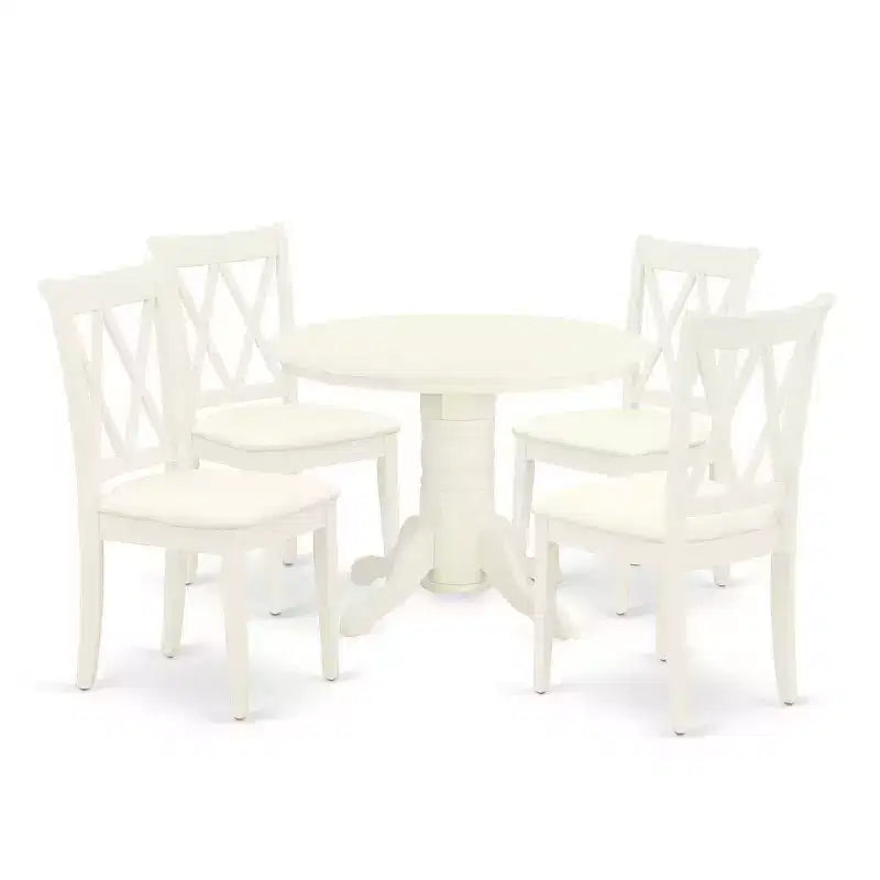 HomeStock – Ensemble de salle à manger 5 pièces en bois massif, plateau rond couleur crème et merisier, avec 4 chaises à dossier croisé