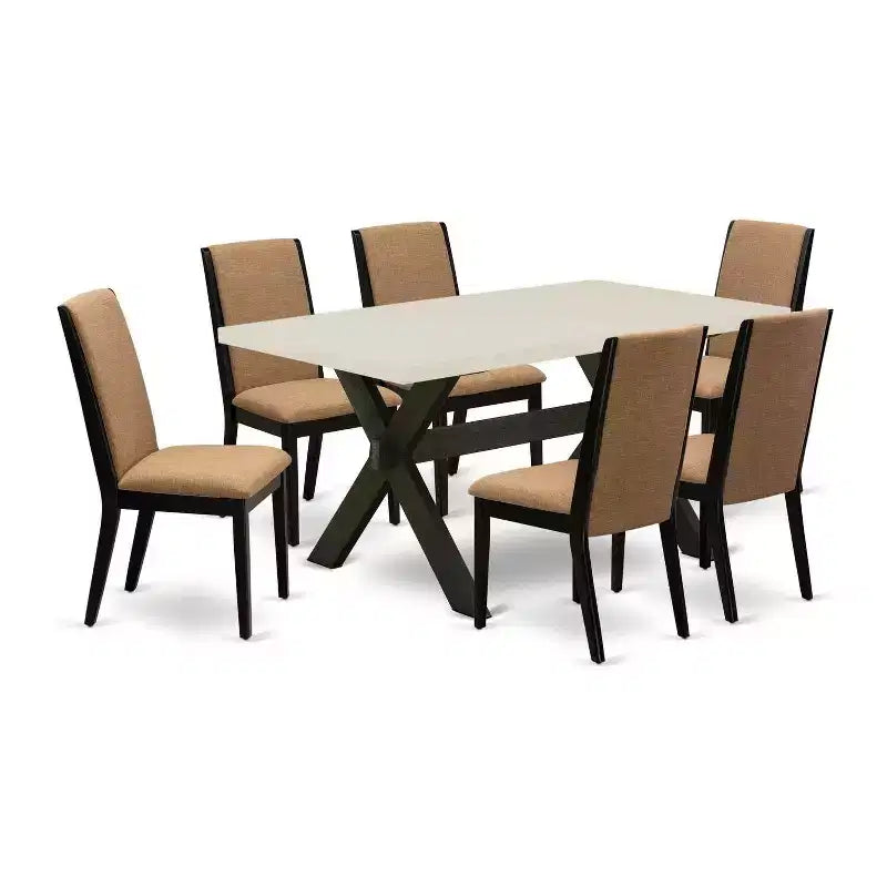 Table de salle à manger HomeStock 7 pièces avec plateau en bois massif finition chêne naturel et 6 chaises Parson