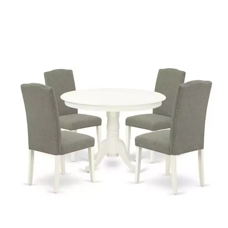 Ensemble de salle à manger rond 5 pièces - Table de 42 pouces et 4 chaises - Ensemble de cuisine moderne - Pieds blanc lin - Tissu Shitake foncé