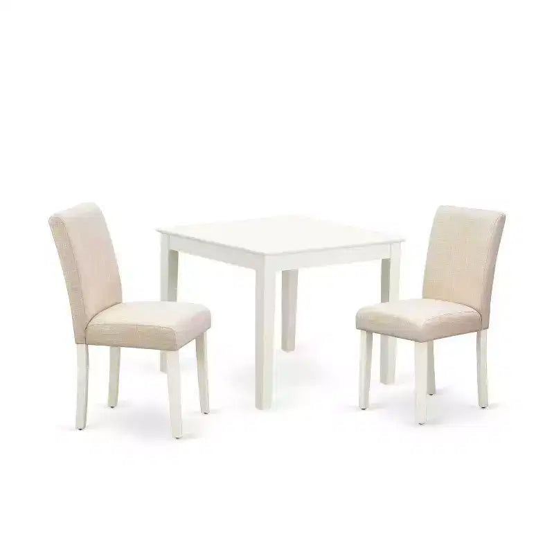 Ensemble de table de cuisine carrée avec chaises - Table de salle à manger de 91 cm et 2 chaises Parson - Pieds blanc lin, tissu beige clair