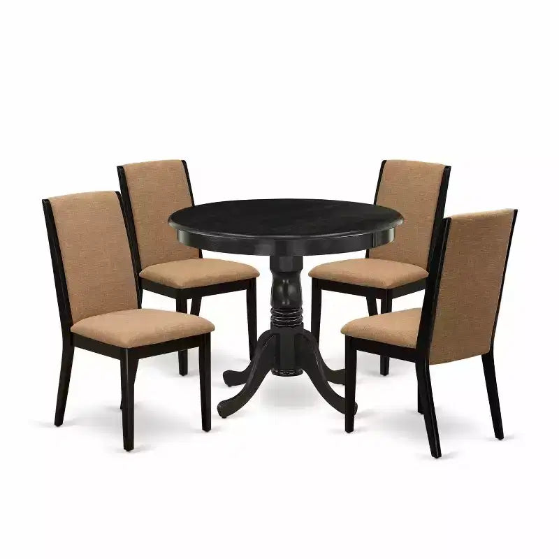 Ensemble de salle à manger HomeStock 5 pièces, table ronde en bois massif au fini noir brossé avec 4 chaises Parson