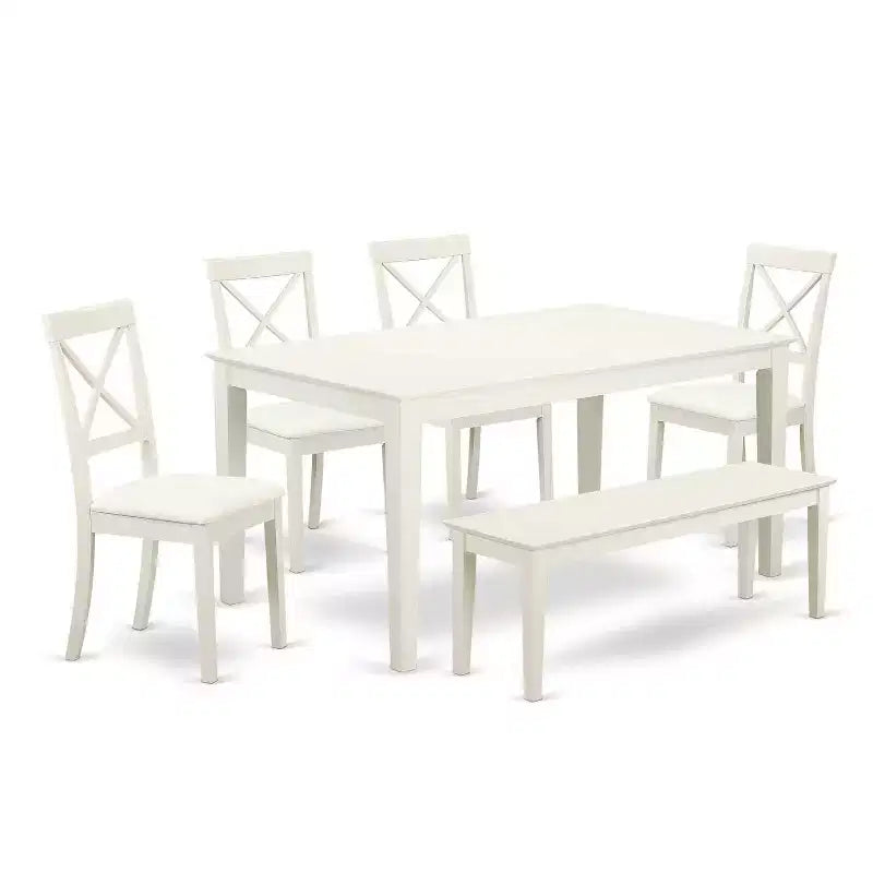 HomeStock Ensemble de salle à manger 6 pièces avec table rectangulaire à plateau en bois massif finition blanc lin, 1 banc et 4 chaises