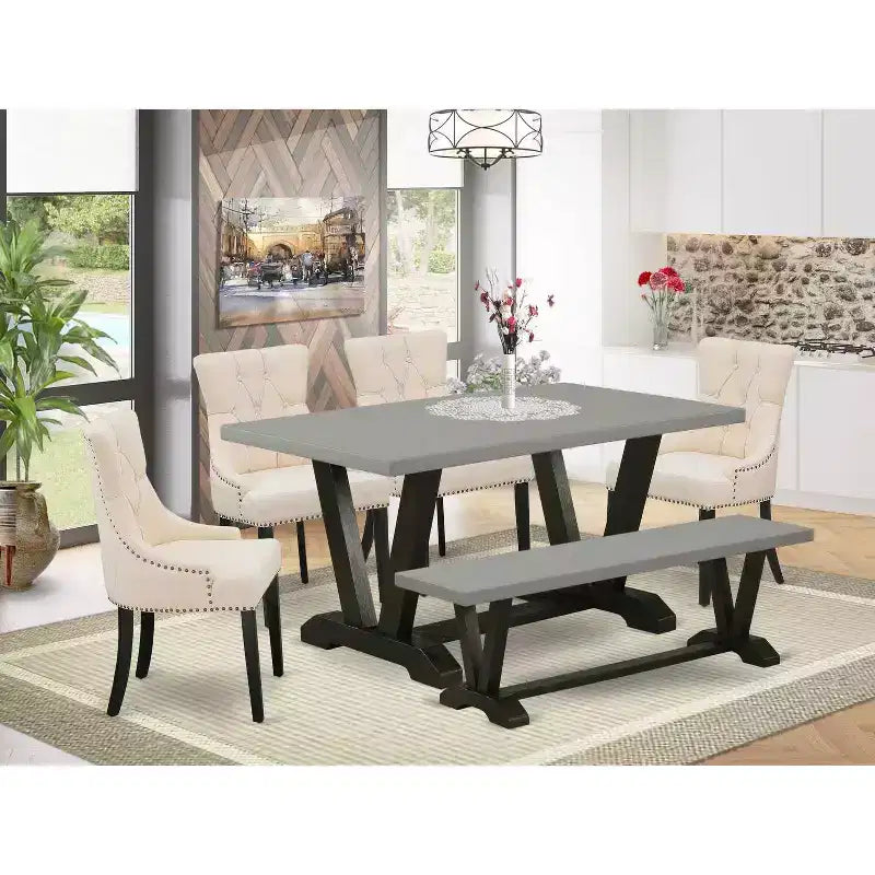HomeStock – Table à manger 6 pièces avec plateau en bois massif finition chêne naturel, 1 banc et 4 chaises