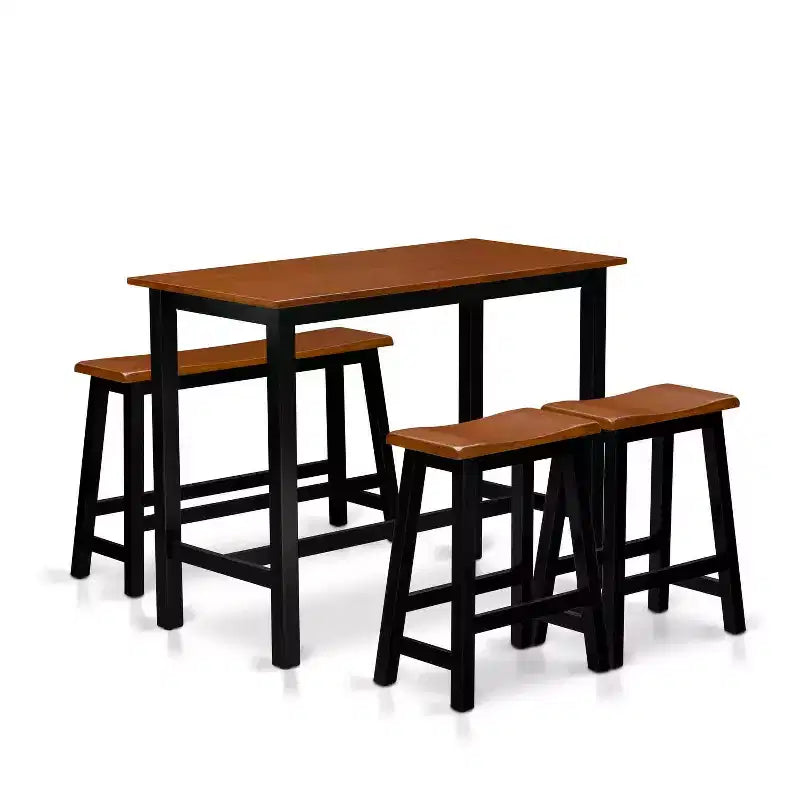 HomeStock Ensemble de salle à manger 4 pièces en bois massif finition noire et cerisier – une table de salle à manger, 2 tabourets et un banc