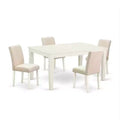 Ensemble de table à manger rectangulaire de cuisine - Table et 4 chaises (5 pièces) - Pieds blancs lin - Tissu beige clair
