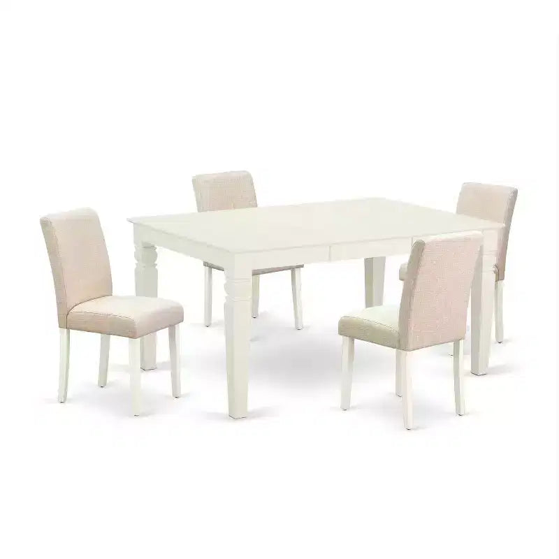 Ensemble de table à manger rectangulaire de cuisine - Table et 4 chaises (5 pièces) - Pieds blancs lin - Tissu beige clair