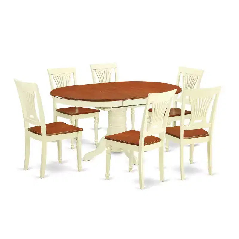 Table à manger HomeStock 7 pièces avec plateau en bois massif finition cerisier et crème, et 6 chaises