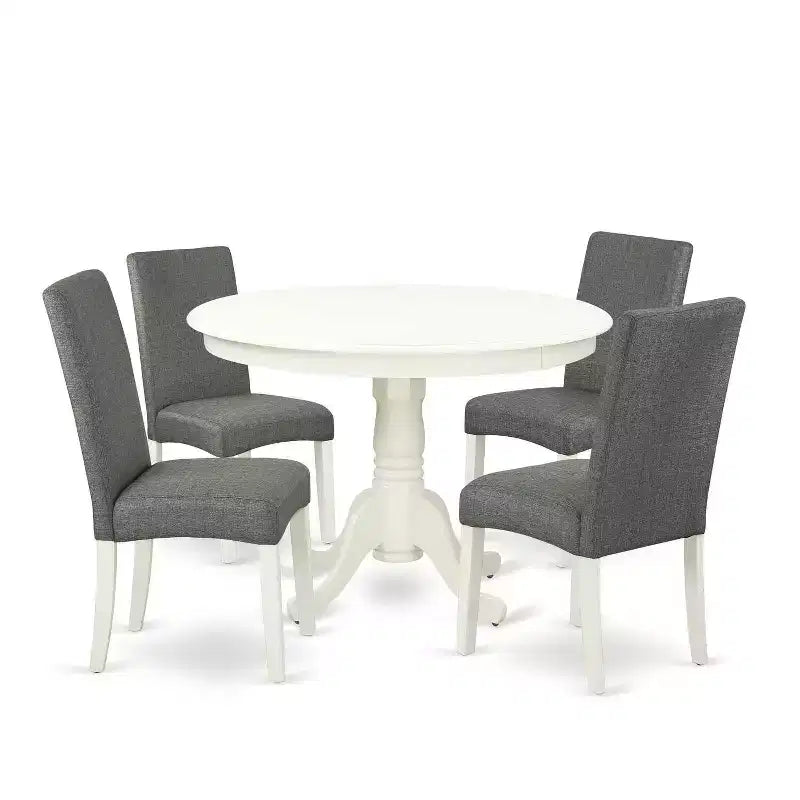 Ensemble de salle à manger rond 5 pièces - Table de 42 pouces et 4 chaises - Design épuré "City Sleek" - Pieds blancs "Linen White" - Tissu gris