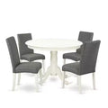 Ensemble de salle à manger rond 5 pièces - Table de 42 pouces et 4 chaises - Design épuré "City Sleek" - Pieds blancs "Linen White" - Tissu gris
